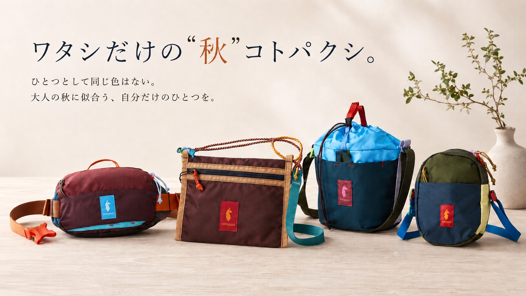 秋色のコトパクシバッグを並べたイメージ