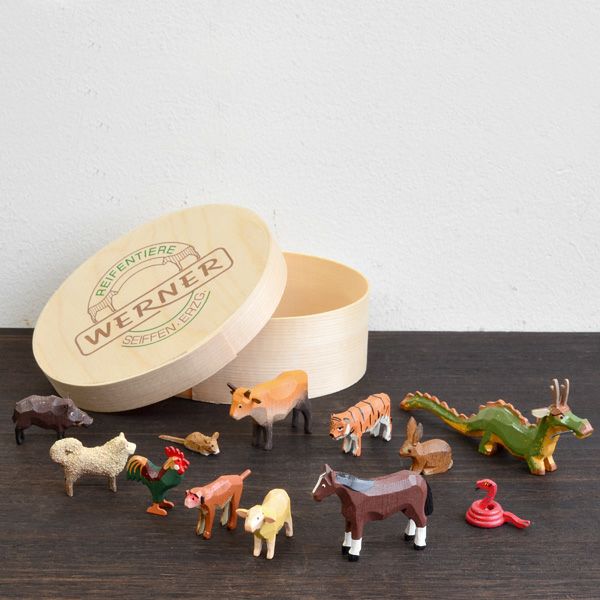 木彫りの干支動物セット ドイツ製 ヴェルナー WERNER わっぱ入り 国内